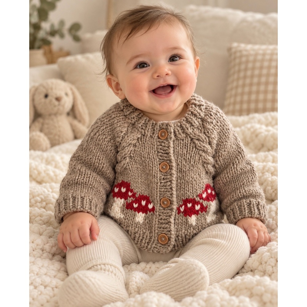 Huggalugs Baby Mushroom Cardigan Sweater 0-6M Hand Knit Cable Knit Wood Buttons